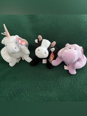 NWT Ty Plush Trio - White Unicorn, Black Cow, Pink Hippo